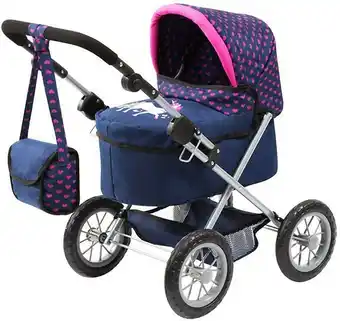 Toymate Bayer Trendy Doll Pram - Dark Blue with Pink Hearts & Unicorn offer