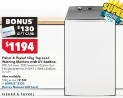Harvey Norman Fisher & Paykel 12kg Top Load Washing Machine with UV Sanitise offer