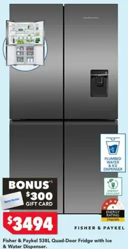 Harvey Norman Fisher & Paykel 538L Quad-Door Fridge with Ice & Water Dispenser offer
