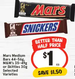 IGA Mars Medium Bars, M&M's or Skittles offer