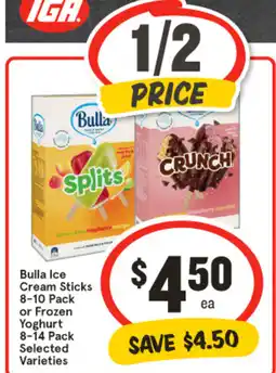 IGA Bulla Ice Cream Sticks or Frozen Yoghurt offer