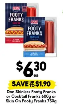 Drakes Don Skinless Footy Franks or Cocktail Franks or Skin On Footy Franks offer