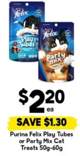 Drakes Purina Felix Play Tubes or Party Mix Cat Treats offer