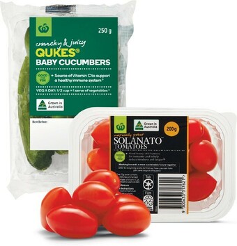 Woolworths Australian Sweet Solanato™ Tomatoes 200g Punnet or Qukes® Baby Cucumbers 250g Pack offer