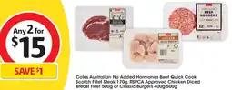 Coles Coles Australian Beef Quick Cook Scotch Fillet Steak Chicken Diced Breast Fillet or Classic Burgers offer