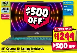 JB Hi-Fi msi 15" Cyborg 15 Gaming Notebook offer