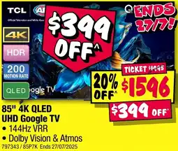 JB Hi-Fi TCL 85" 4K QLED UHD Google TV offer