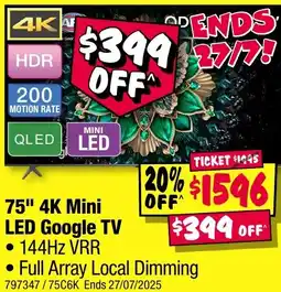 JB Hi-Fi 75" 4k mini led google tv offer