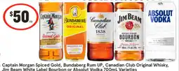 Captain Morgan Spiced Gold, Bundaberg Rum UP, Canadian Club Original Whisky, Jim Beam White Label Bourbon or Absolut Vodka