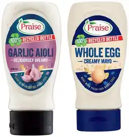 IGA Praise Aioli Mayo Burger Sauce or Whole Egg Squeezy Mayo offer