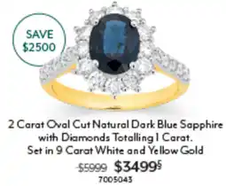 Angus & Coote 2 Carat Oval Cut Natural Dark Blue Sapphire with Diamonds Totalling 1 Carat. Set in 9 Carat White and Yellow Gold offer