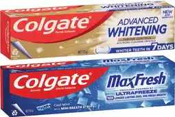 Coles Colgate Advanced Whitening & Tartar or Max Fresh Toothpaste 115g offer
