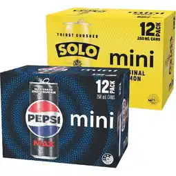 Woolworths Pepsi Max, Schweppes Lemonade or Solo Soft Drink Varieties 12 x 250ml offer