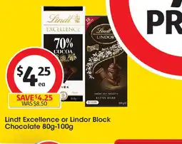 Coles Lindt Excellence or Lindor Block Chocolate offer