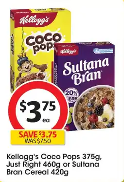 Coles Kellogg's Coco Pops 375g, Just Right 460g or Sultana Bran Cereal 420g offer