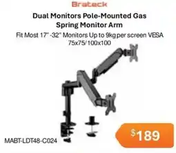 Leader Computers Brateck Dual Monitors Pole-Mounted Gas Spring Monitor Arm offer