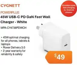 Leader Computers CYGNETT 45W USB-C PD GaN Fast Wall Charger offer