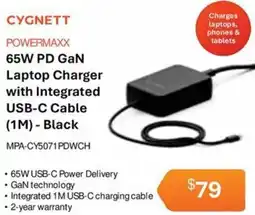 Leader Computers CYGNETT 65W PD GAN Laptop Charger with Integrated USB-C Cable offer