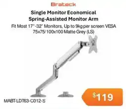 Leader Computers Brateck Single Monitor Economical Spring-Assisted Monitor Arm offer