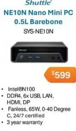 Leader Computers Shuttle NE10N Nano Mini PC 0.5L Barebone offer