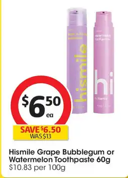 Coles Hismile Grape Bubblegum or Watermelon Toothpaste offer