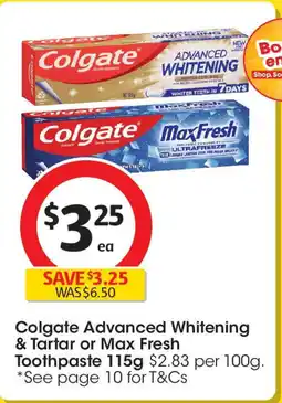 Coles Colgate Advanced Whitening & Tartar or Max Fresh Toothpaste offer