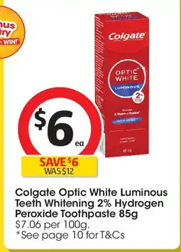 Coles Colgate Optic White Luminous Teeth Whitening 2% Hydrogen Peroxide Toothpaste offer