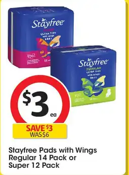 Coles Stayfree Pads with Wings Regular 14 Pack or Super 12 Pack offer