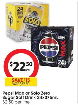 Coles Pepsi Max or Solo Zero Sugar Soft Drink 24x375mL offer