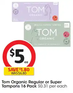 Coles Tom Organic Regular or Super Tampons 16 Pack offer