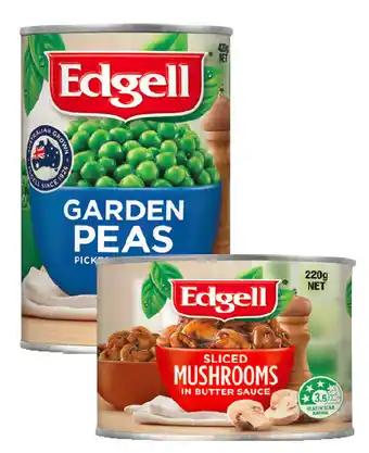 Drakes Edgell garden peas 420g or mushrooms sliced in butter sauce 220g offer