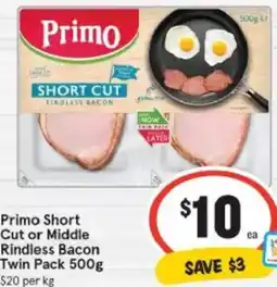 IGA Primo Short Cut or Middle Rindless Bacon Twin Pack offer