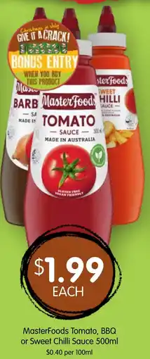 Spudshed MasterFoods Tomato BBQ or Sweet Chilli Sauce offer