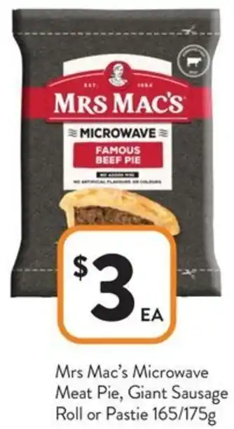 Foodworks Mrs Mac's Microwave Meat Pie Giant Sausage Roll or Pastie offer