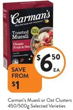 Foodworks Carman's Muesli or Oat Clusters offer