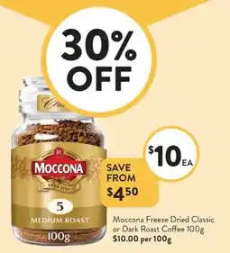 Foodworks Moccona freeze dried classic or dark roast coffee offer