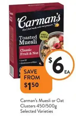 Foodworks Carman's muesli or oat clusters offer