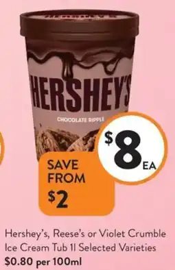 Foodworks Hershey's, reese's or violet crumble ice cream tub offer