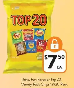 Foodworks Thins, fun faves or top 20 variety pack chips offer