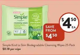 Foodworks Simple Kind to Skin Biodegradable Cleansing Wipes 25 Pack offer