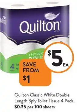 Foodworks Quilton Classic White Double Length 3ply Toilet Tissue 4 Pack offer