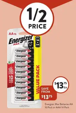 Foodworks Energizer Max Batteries AA 16 Pack or AAA 14 Pack offer