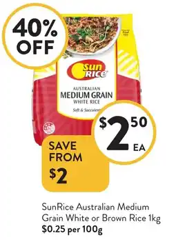 Foodworks SunRice Australian Medium Grain White or Brown Rice offer