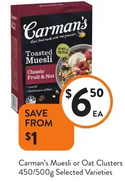 Foodworks Carman's Muesli or Oat Clusters Selected Varieties offer