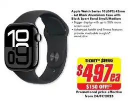 The Good Guys Apple Watch Series 10 (GPS) 42mm - Jet Black Aluminium Case with Black Sport Band Small/Medium offer