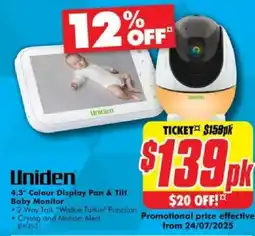The Good Guys Uniden 4.3" Colour Display Pan & Tilt Baby Monitor offer