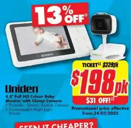 The Good Guys Uniden 4.3" Full HD Colour Baby Monitor with Clamp Camera offer