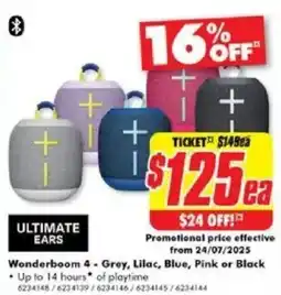 The Good Guys ULTIMATE EARS Wonderboom 4 - Grey, Lilac, Blue, Pink or Black offer
