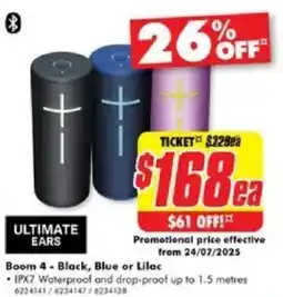 The Good Guys ULTIMATE EARS Boom 4 - Black, Blue or Lilac offer