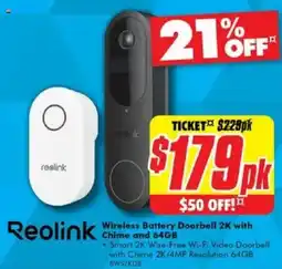 The Good Guys Reolink Wireless Battery Doorbell 2K with Chime and 64GB offer